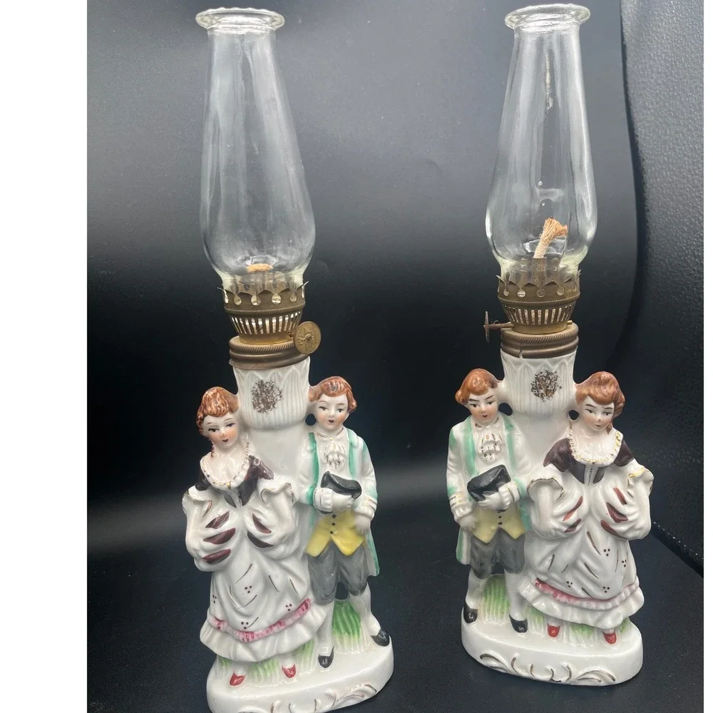 Vintage Pair‎ Japan porcelain oil lamps mid century Mantel Man/Women